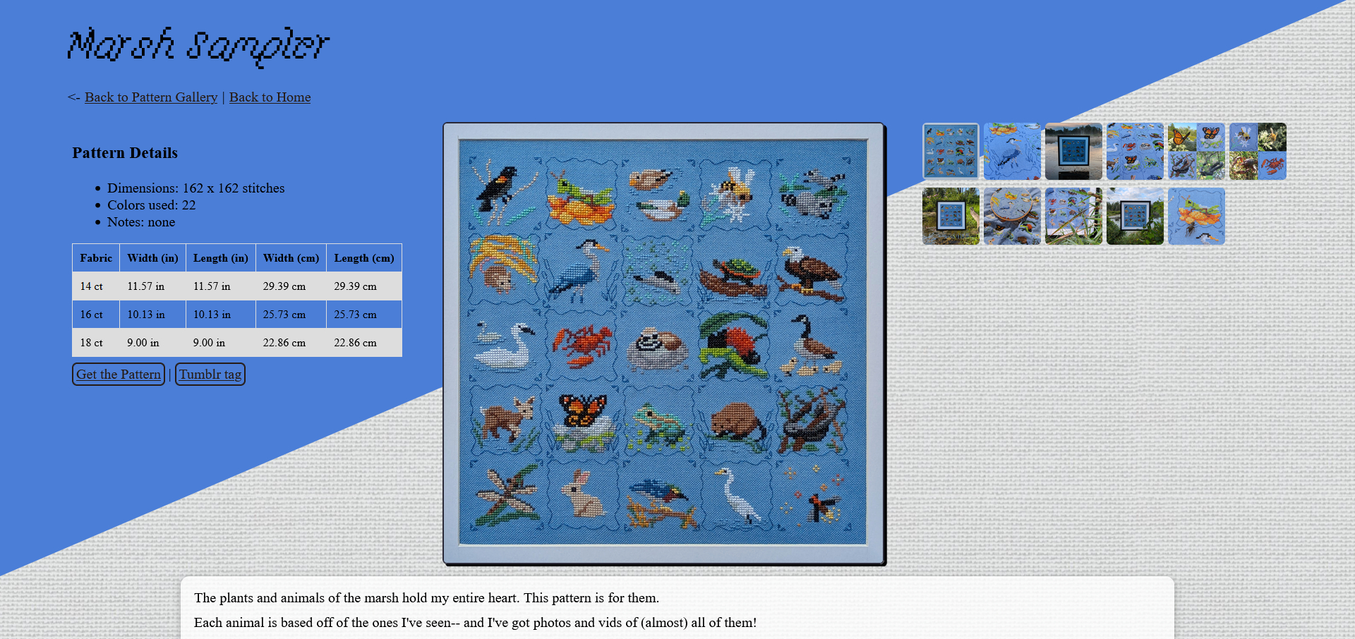 screenshot of a pattern gallery page for the Marsh Sampler cross-stitch, with a cross-stitch fabric background, a blue diagonal stripe across the top half of the page, and a cool pixel font for the title. It's not wicked pro, but it looks cute!
