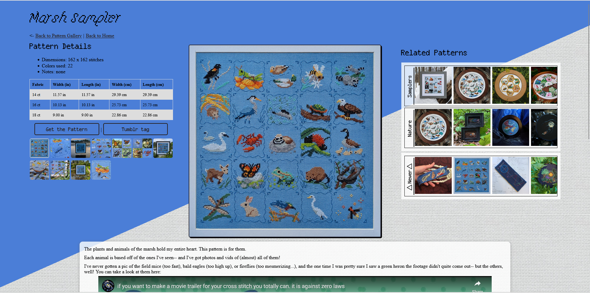 The marsh sampler page v3, with sidebars for 'related patterns' and 'next/previous patterns'. It looks more balanced now.